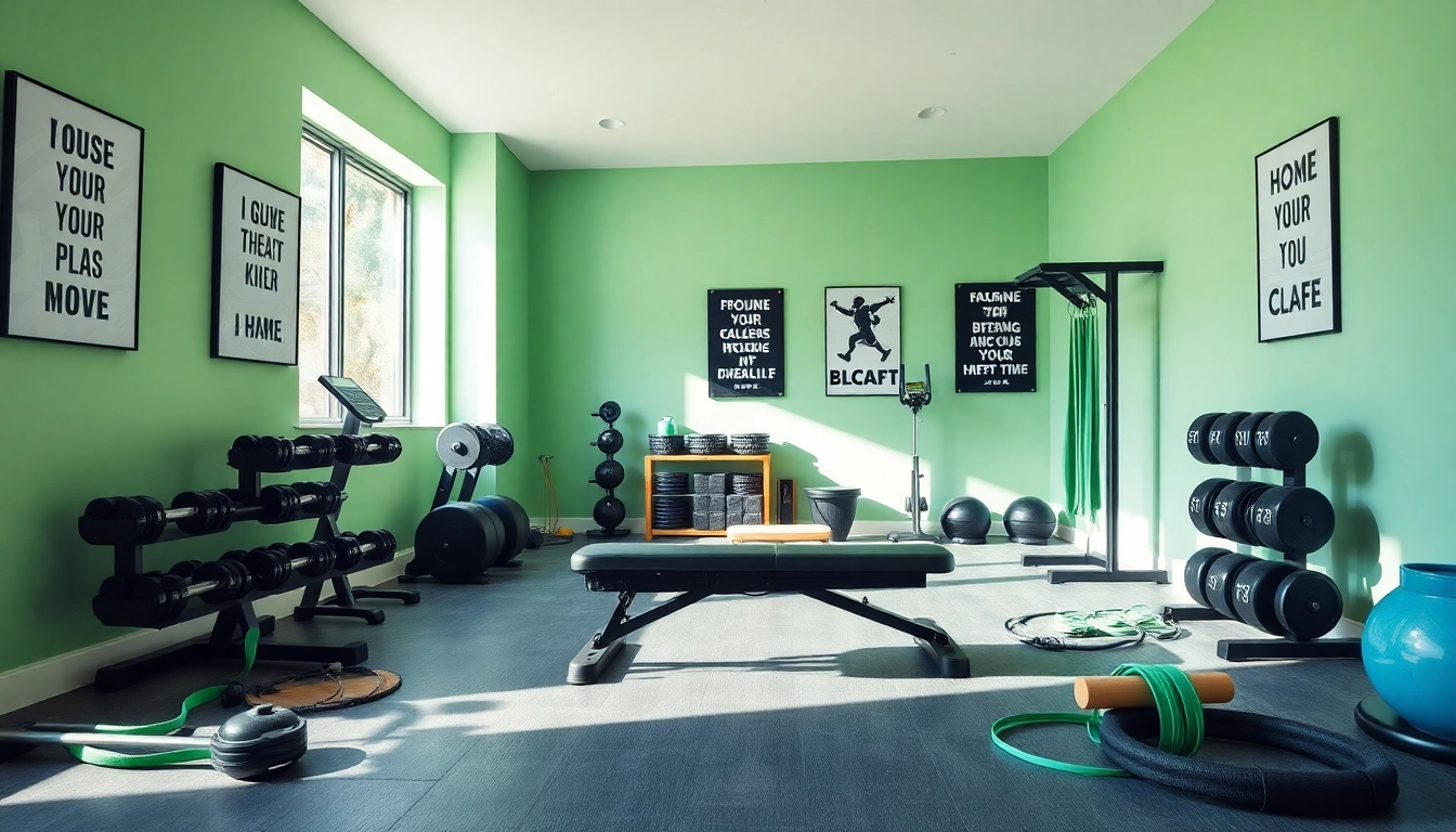 Engaging home gym equipment setup with weights and an adjustable bench in a bright, inviting room.