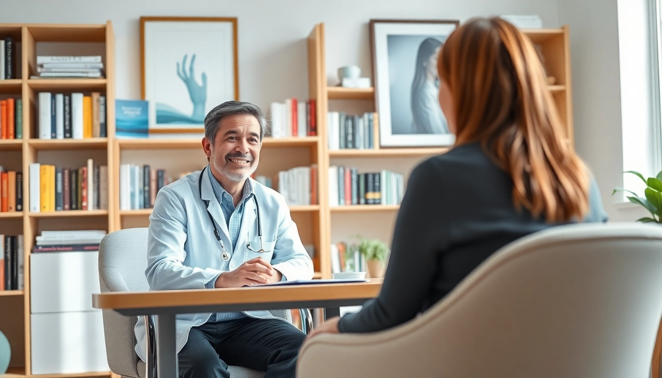 Psychiatrist engaging with a patient in a calm office, fostering a professional dialogue.