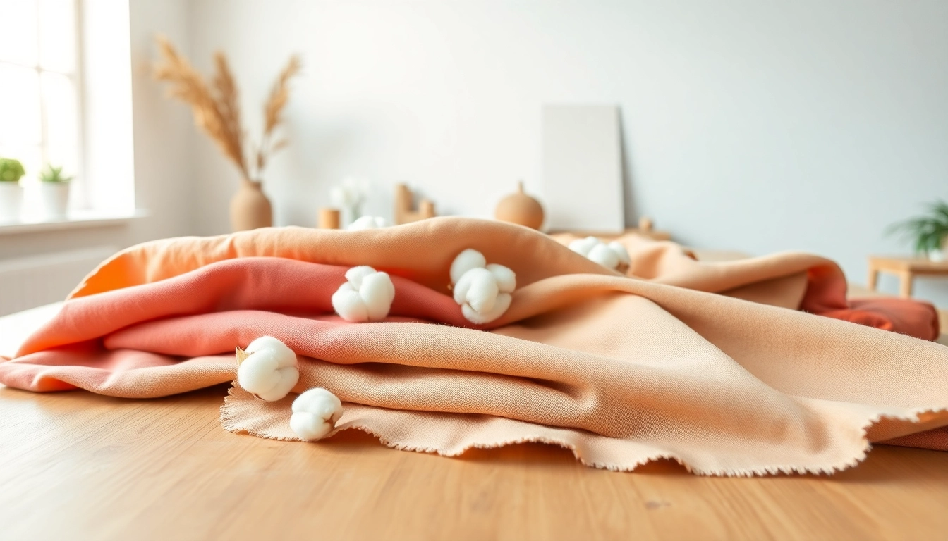 Katoen stoffen worden creatief gepresenteerd op een elegante werkplek met diverse texturen.