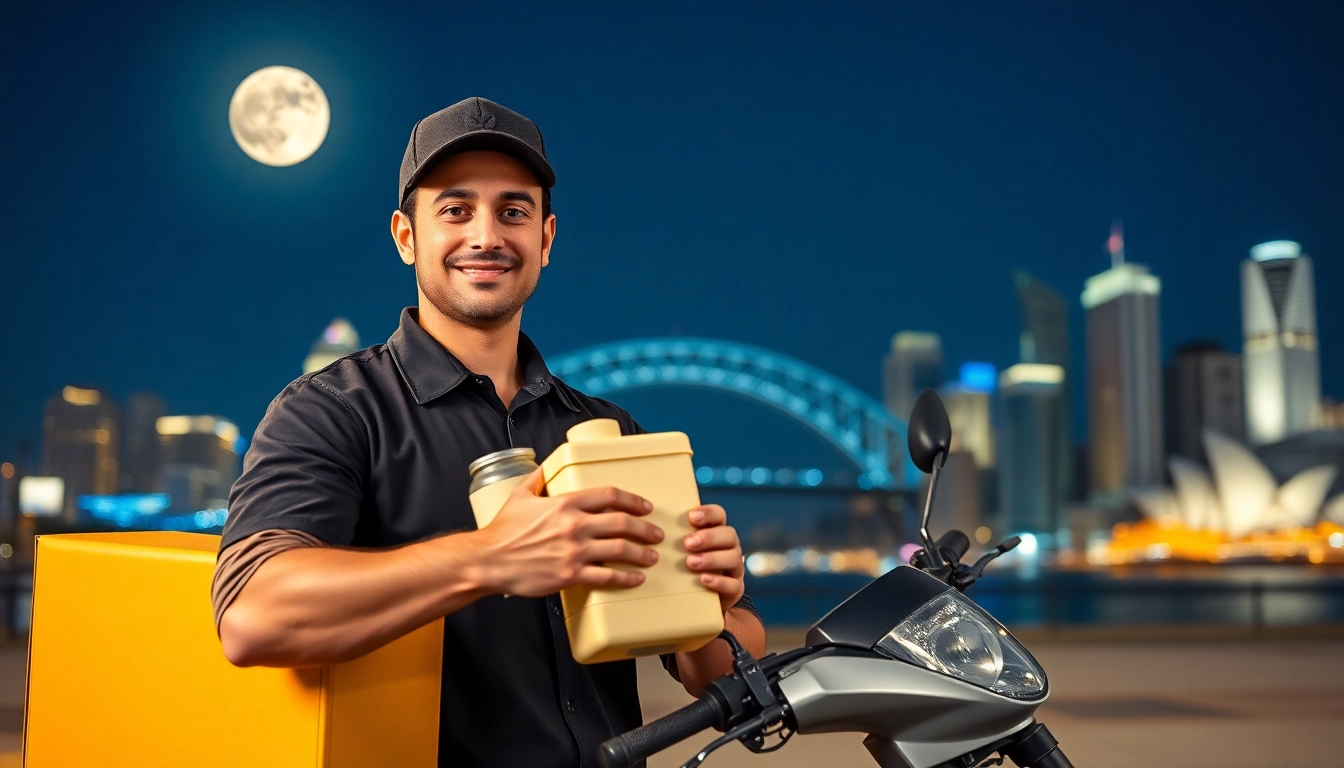 Efficient nangs delivery sydney showcased by a reliable delivery driver in the beautiful Sydney skyline.