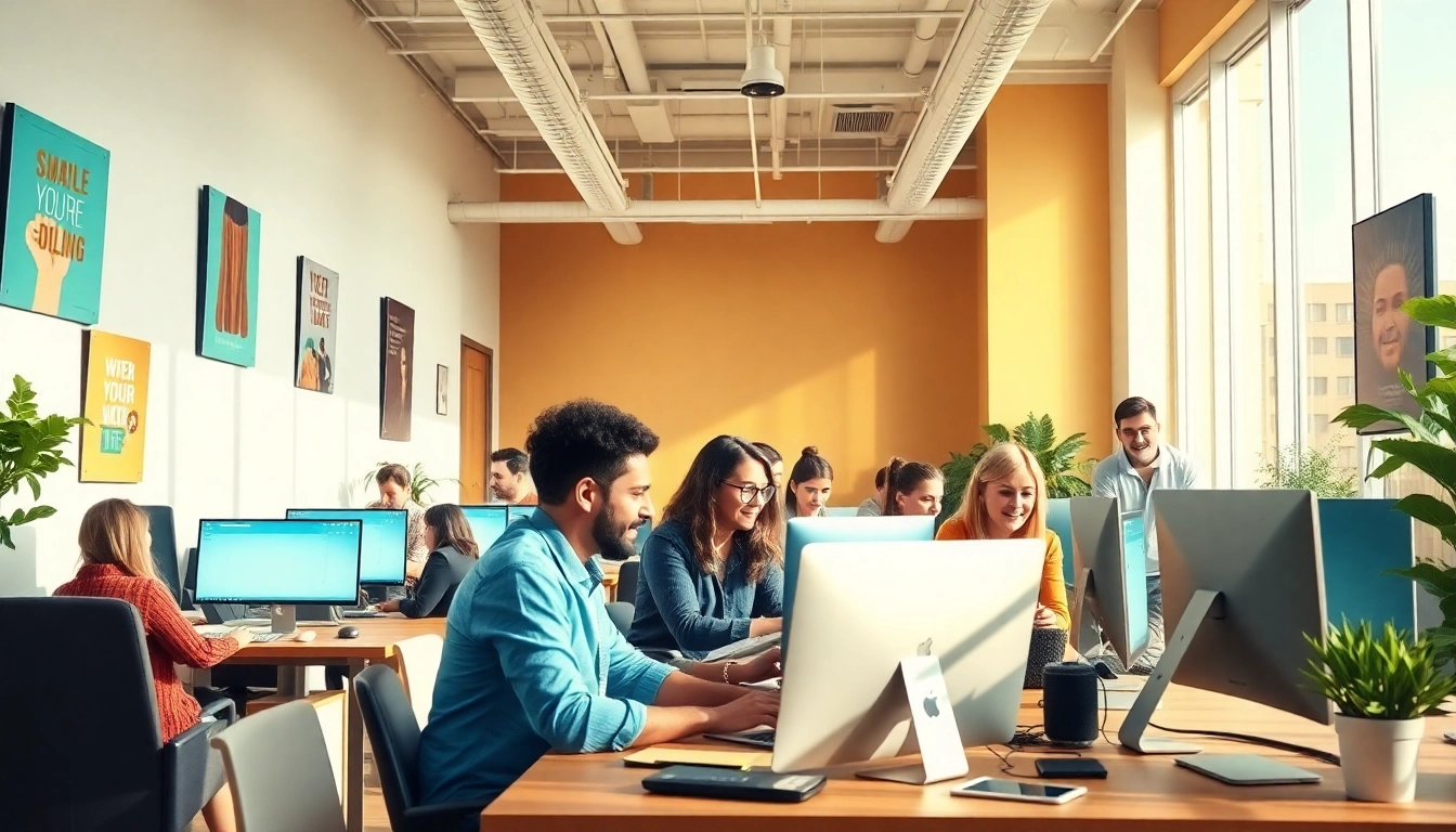 Team collaboration in a vibrant search optimization company office atmosphere.