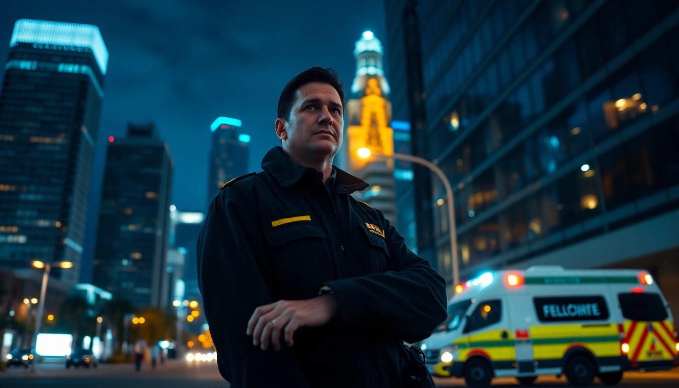 Security guard ensuring safety during Alarm Response at night in a city setting.