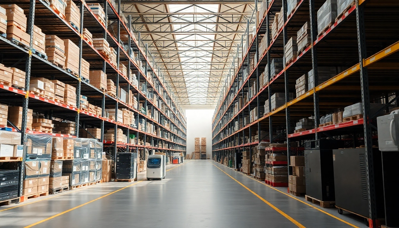 Mayorista industrial mostrando un amplio catálogo de productos tecnológicos y de construcción organizados eficientemente.