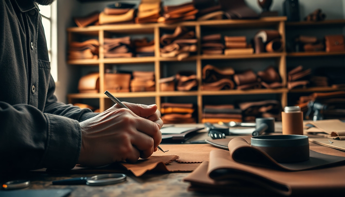 Craft artisan creating custom leather goods with intricate tools in a well-lit workshop.