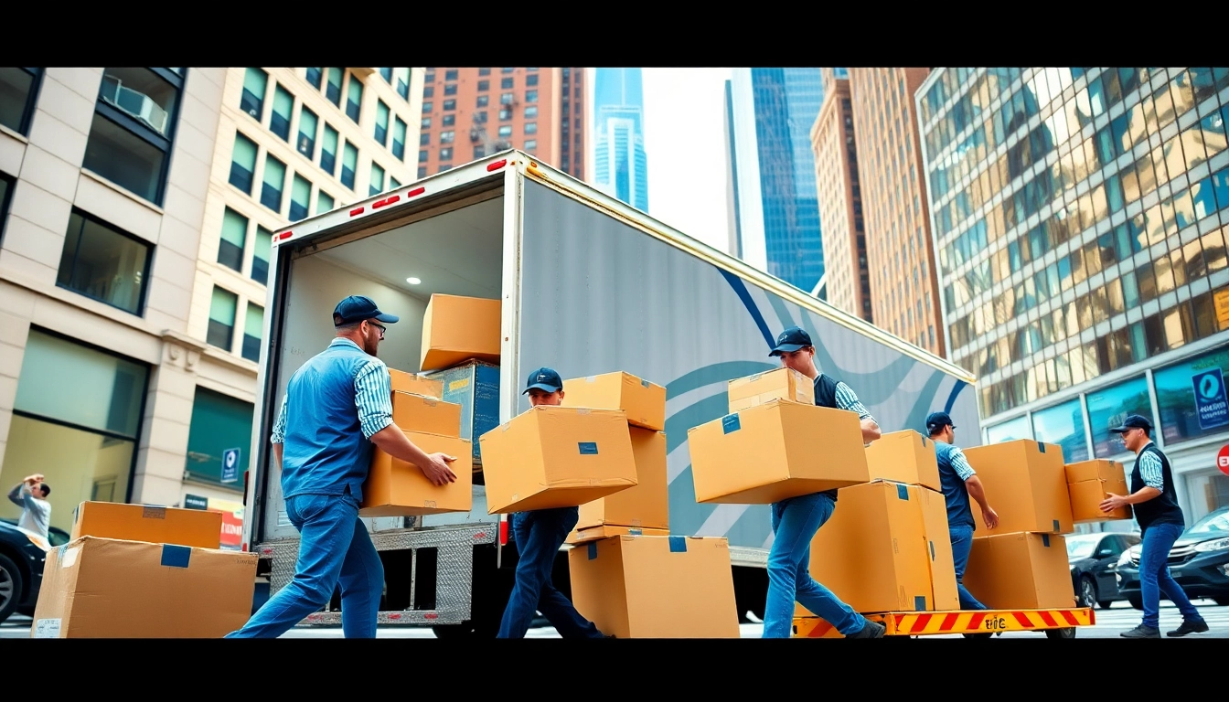 NYC movers efficiently loading boxes in a bustling New York City street.