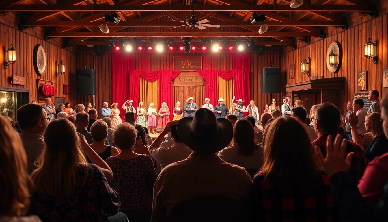 Guests enjoying a show at Firelight Barn, featuring lively performances and BBQ dining.