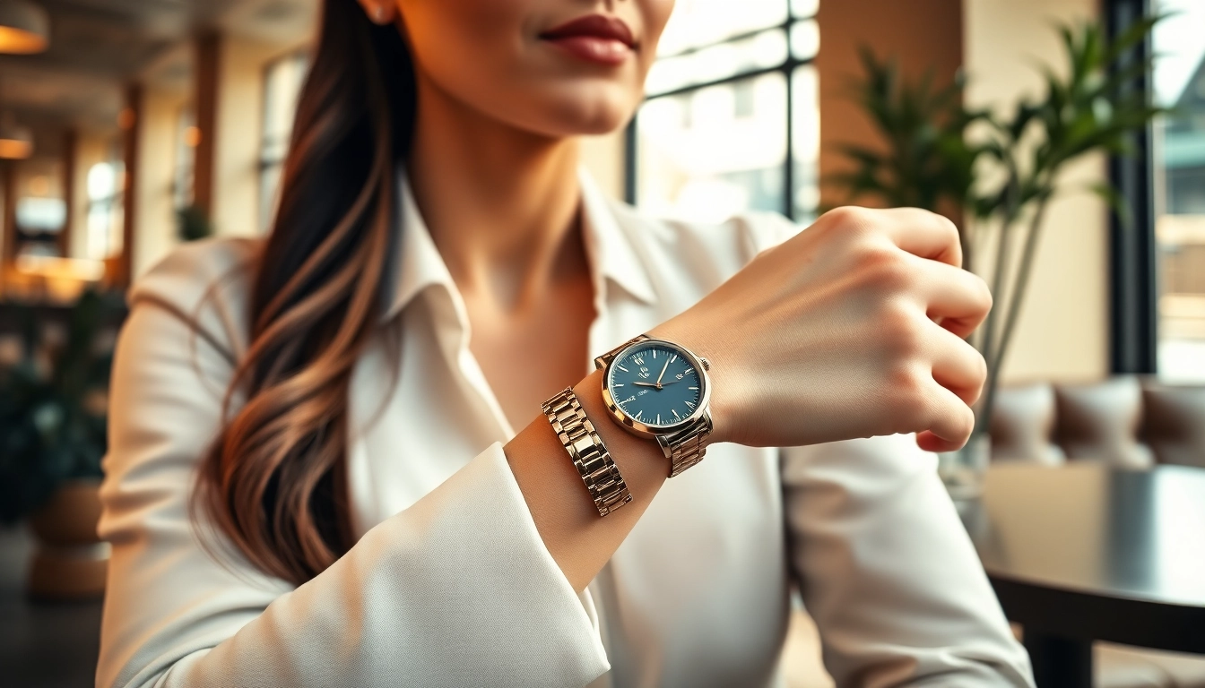Frau trägt elegante Damen Armbanduhr in einem stilvollen Café.