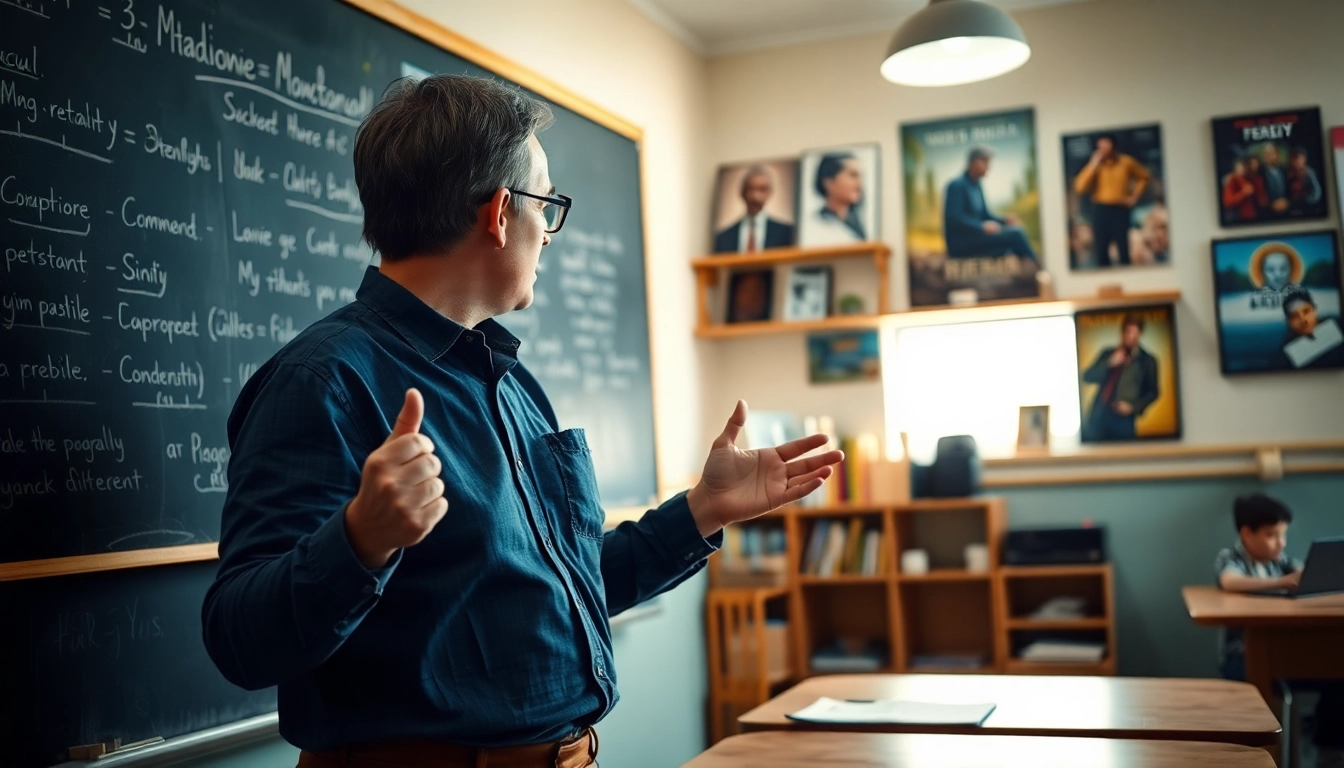 Analyze life lessons at http://everymoviehasalesson.com with an educator in a film-themed classroom.
