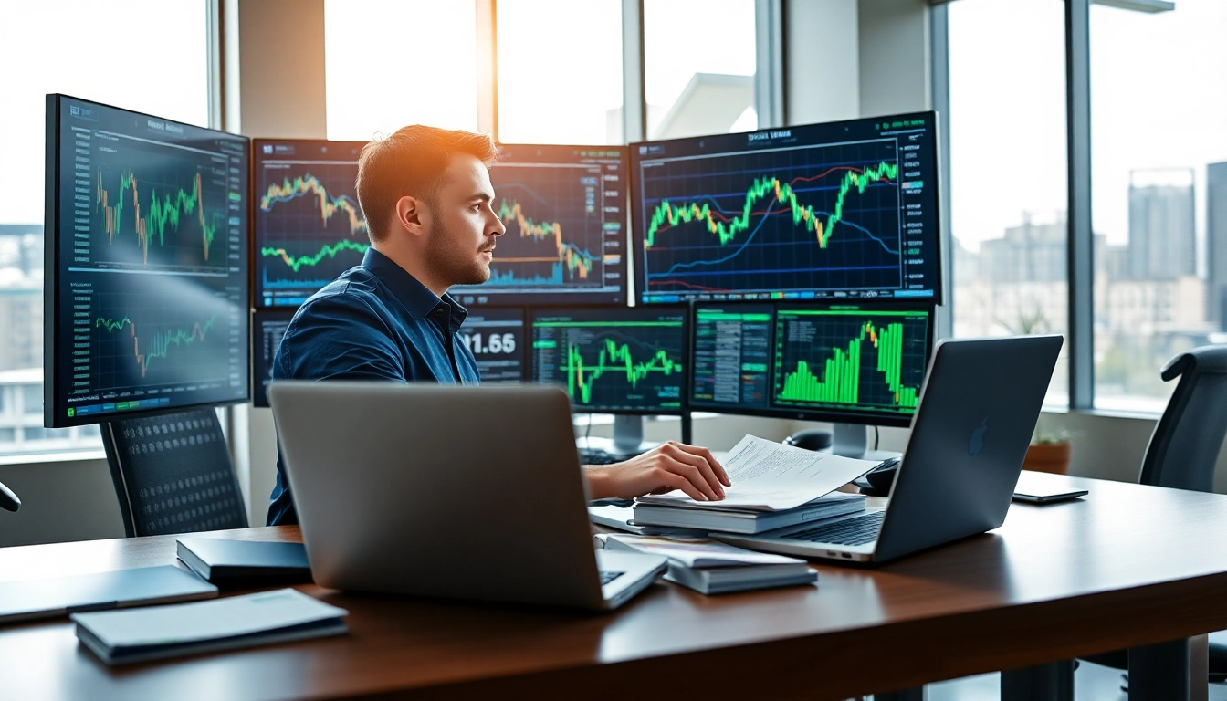 Engaging forex trader analyzing market trends and data in a modern office.