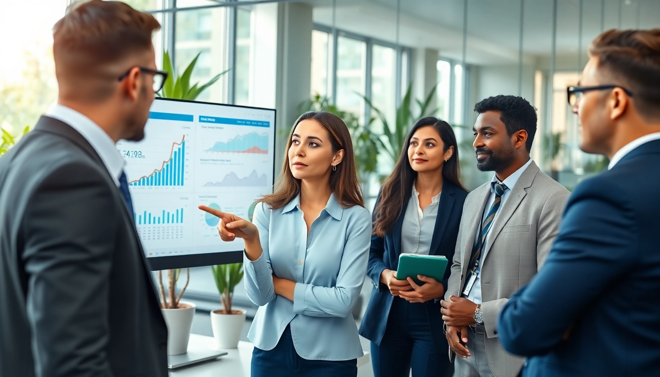 Business professionals discussing VAT compliance software in a modern office setting.