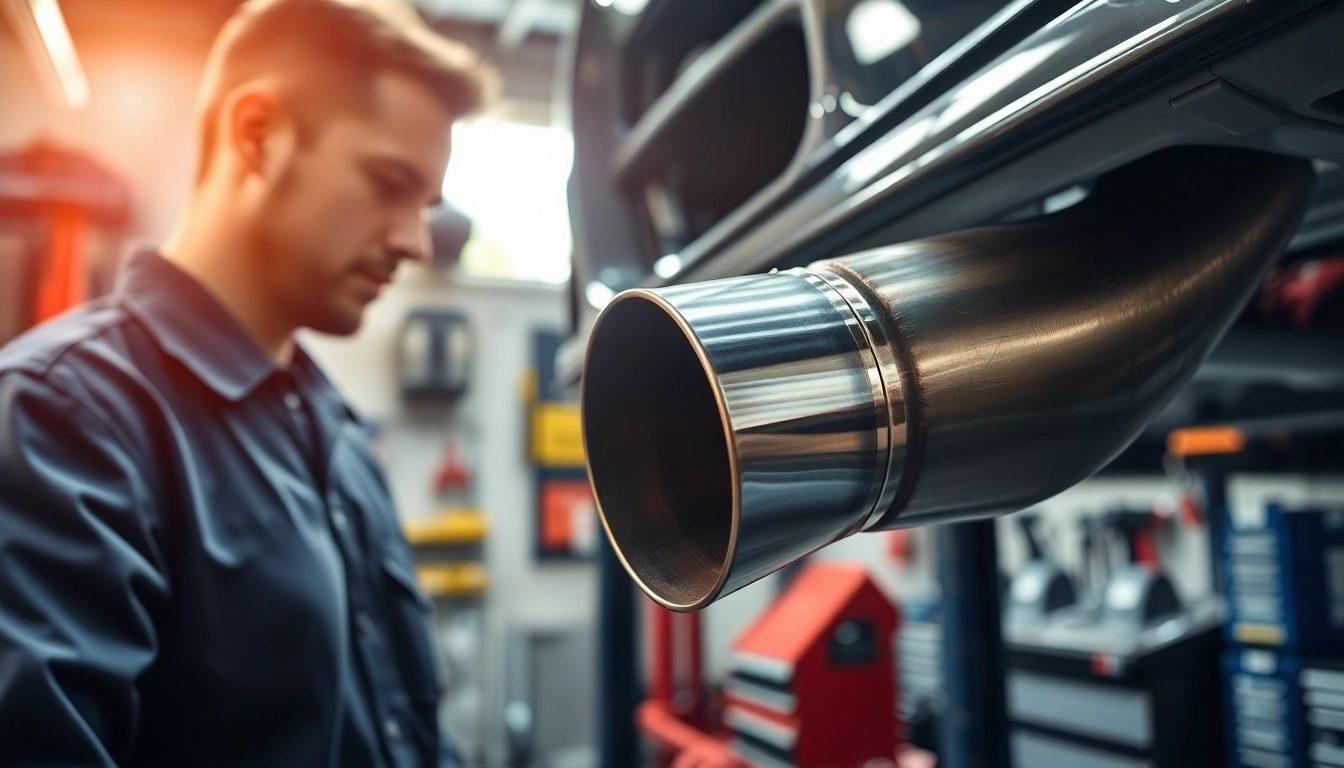 Mechanic examining a high-performance Downpipe in a garage setting with tools and natural light.