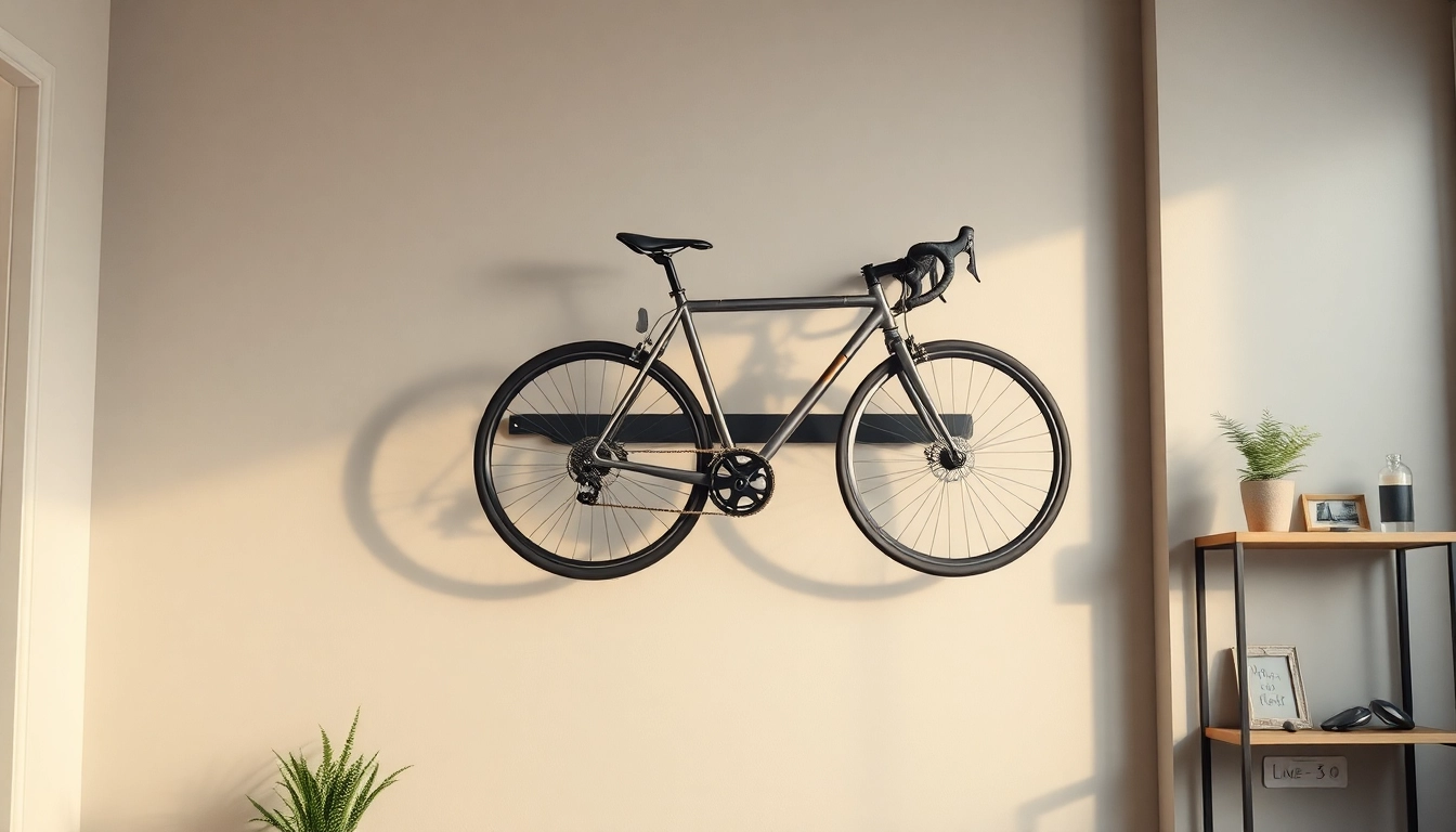 Showcasing a bike wall rack mounted on a modern wall, enhancing storage and decor.