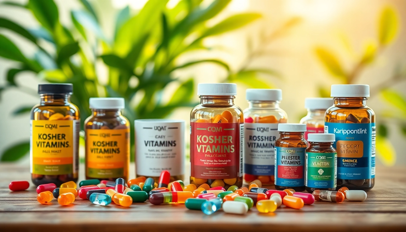 Browse kosher vitamins online showcasing colorful bottles and healthy capsules on a table.