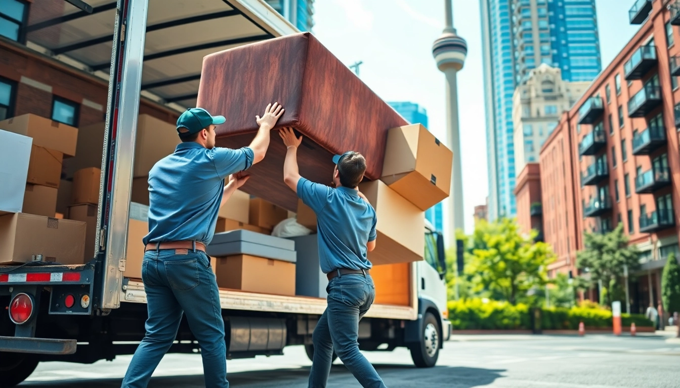 Movers from Toronto moving companies lifting a couch in a vibrant city scene.