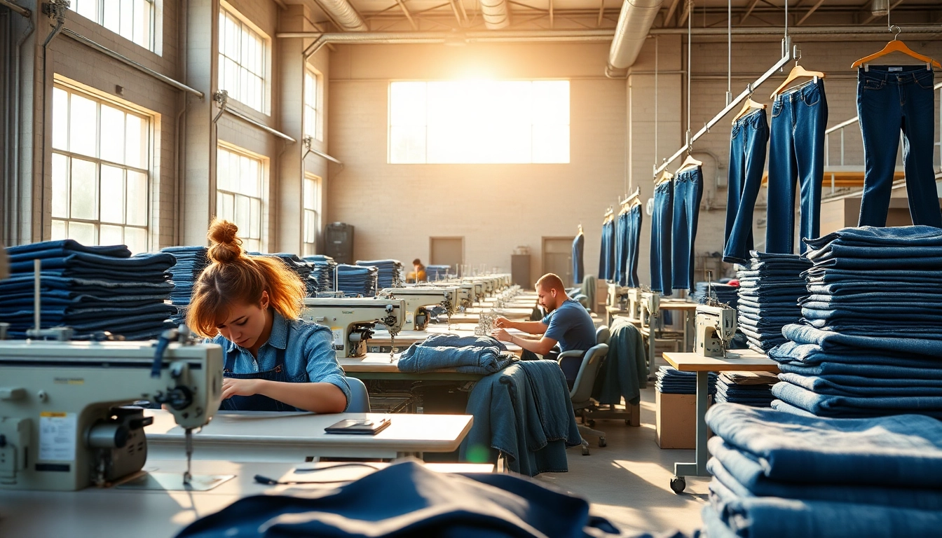Showcasing skilled labor at jeans garment manufacturers, illustrating craftsmanship and quality production.