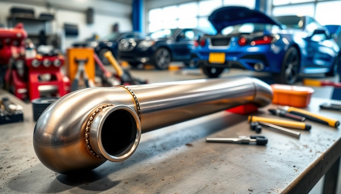 Showcasing a high-performance downpipe highlighting its precision engineering and quality.