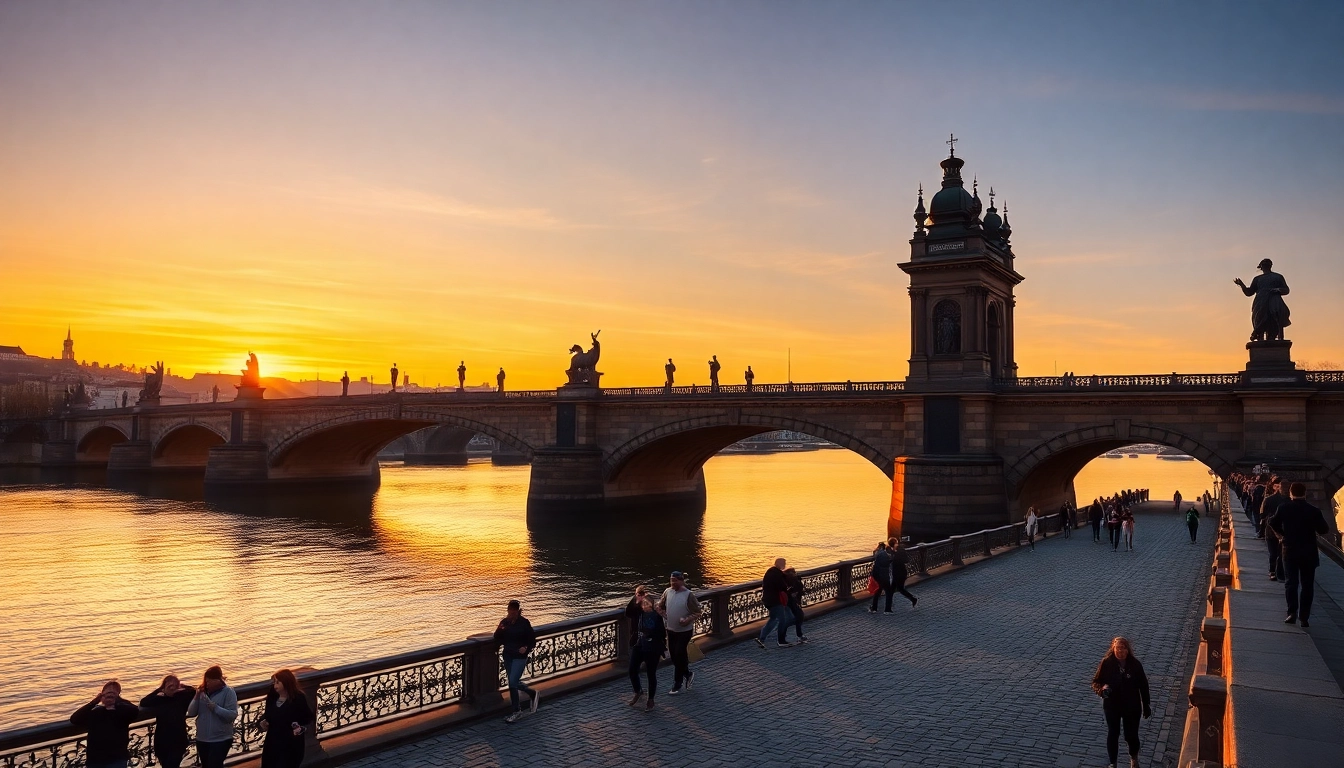 View of Charles Bridge Prague at sunrise with iconic statues standing watchfully.