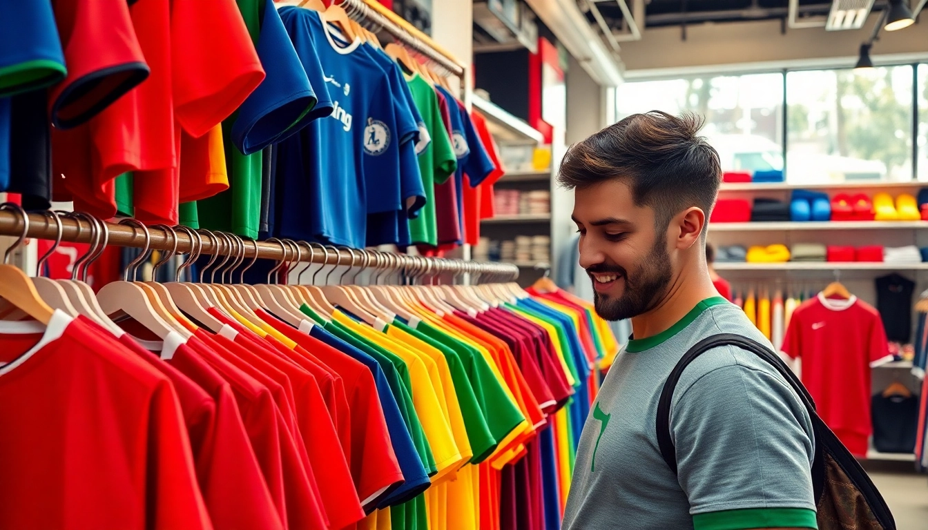 Shop diverse collection of Cheap Football Shirts with vibrant colors and enthusiastic shoppers.