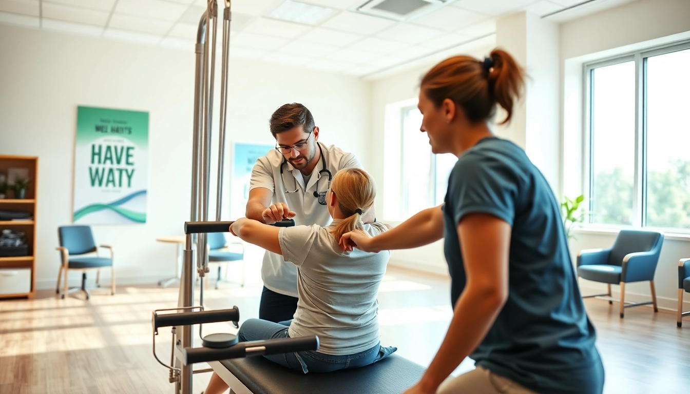 Find physiotherapy near me with a dedicated therapist guiding a patient through rehabilitation exercises.