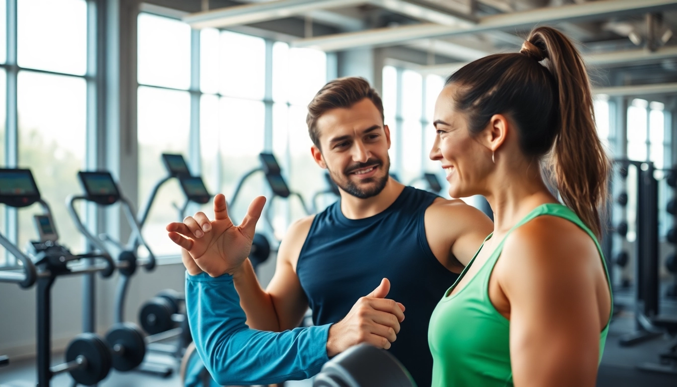Engaging scene to find a personal trainer in a modern gym with vibrant colors and strong focus.