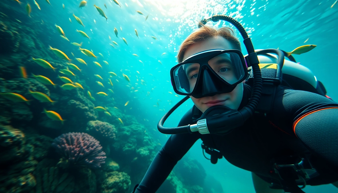 Engage in Padi dive course with a diver performing skills amidst vibrant marine life.
