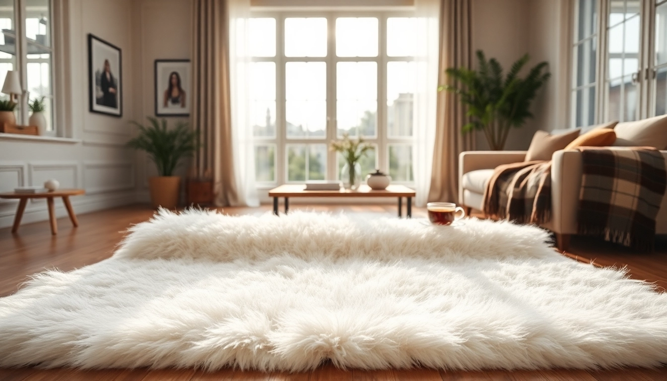Cozy living room featuring a beautiful sheepskin rug that enhances warmth and comfort.