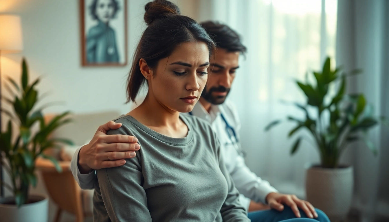 Addressing anxiety in a supportive therapy session with calming tones and soft lighting.