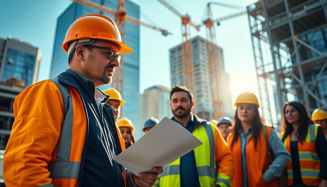 New York Construction Manager overseeing an urban construction site with a vibrant team.