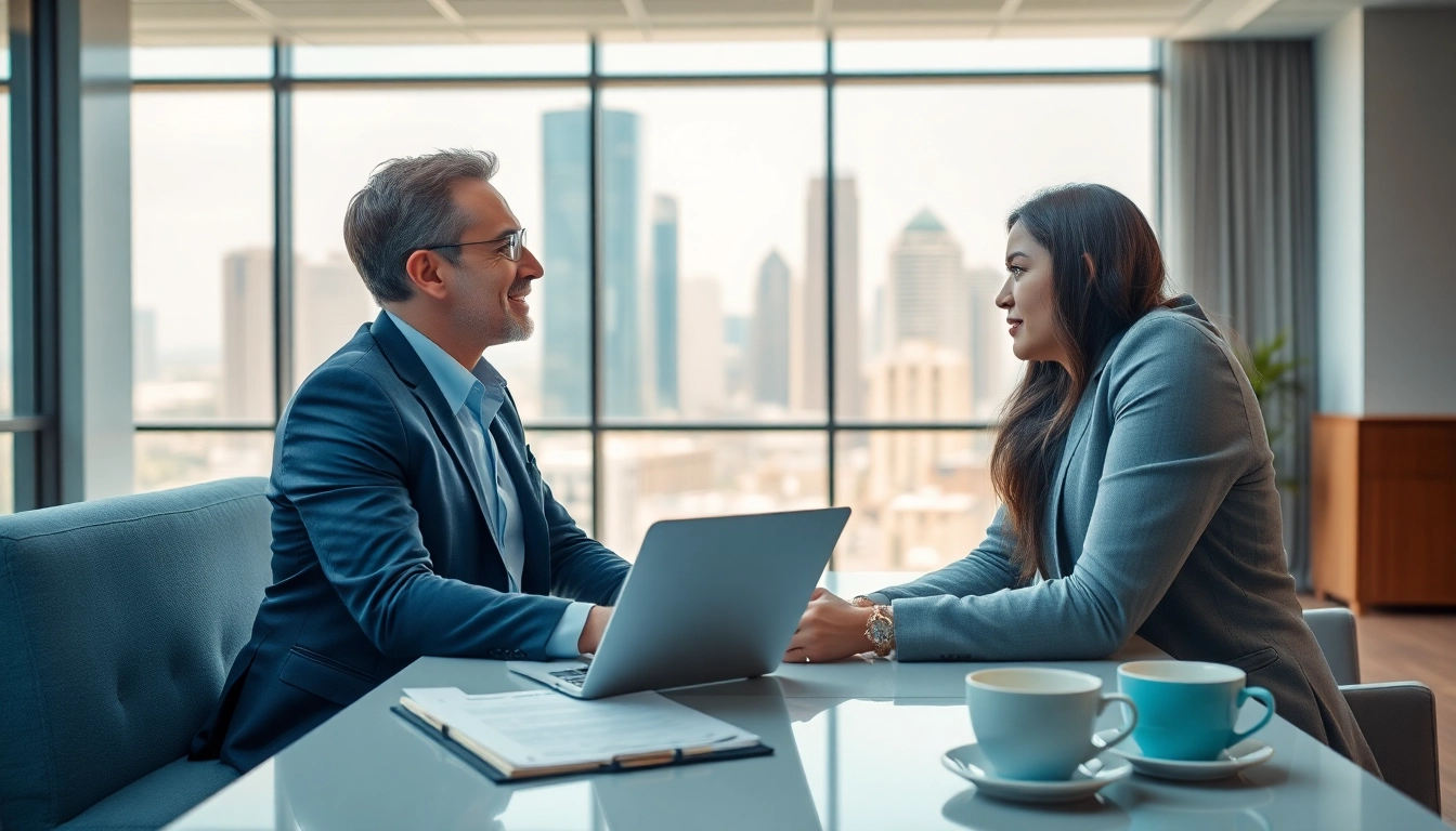Client discussing insurance options with Stein Insurance agent in a professional office setting.