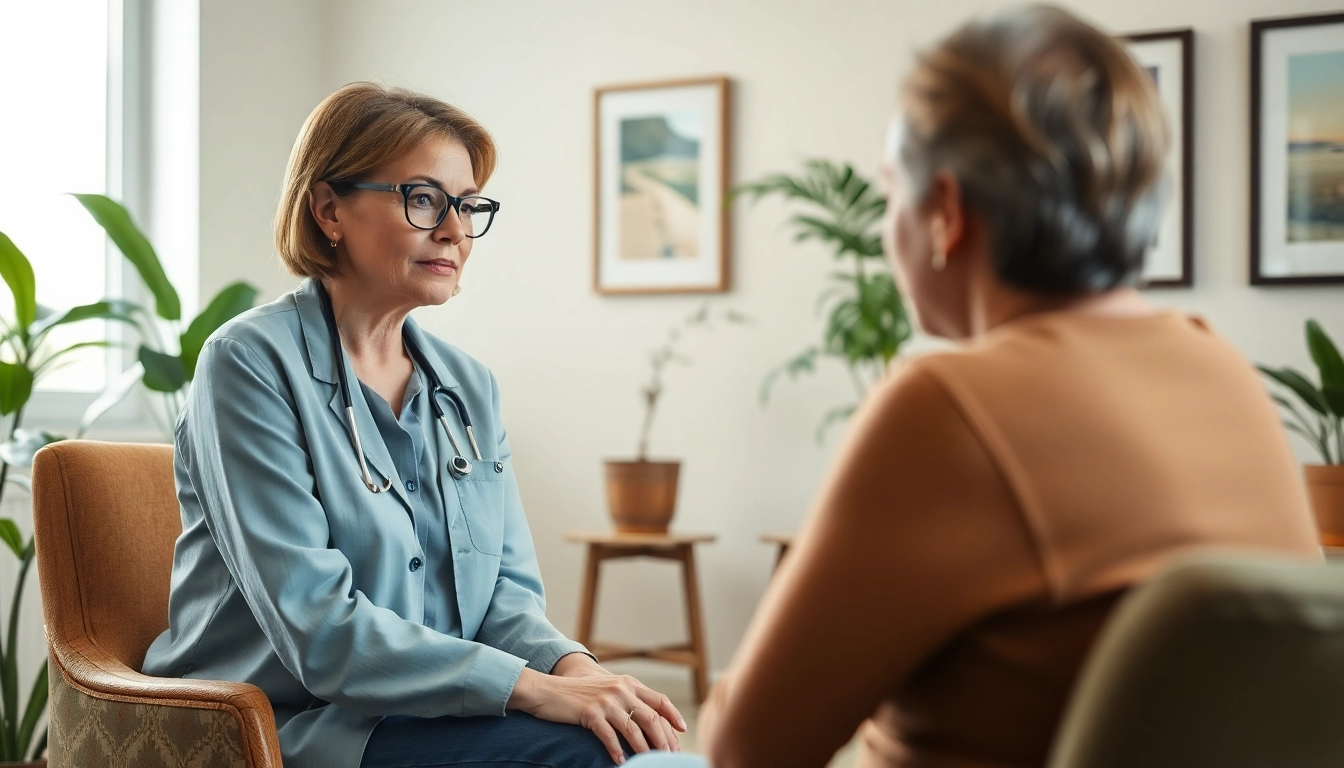 Engaged psychiatrist conversing with a patient in a warm, inviting office.