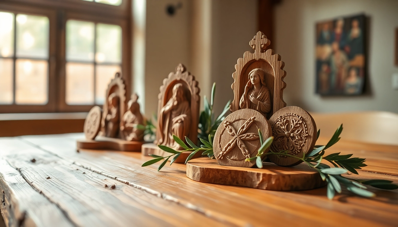 Admire intricate olive wood carvings displayed on a wooden table with natural light.