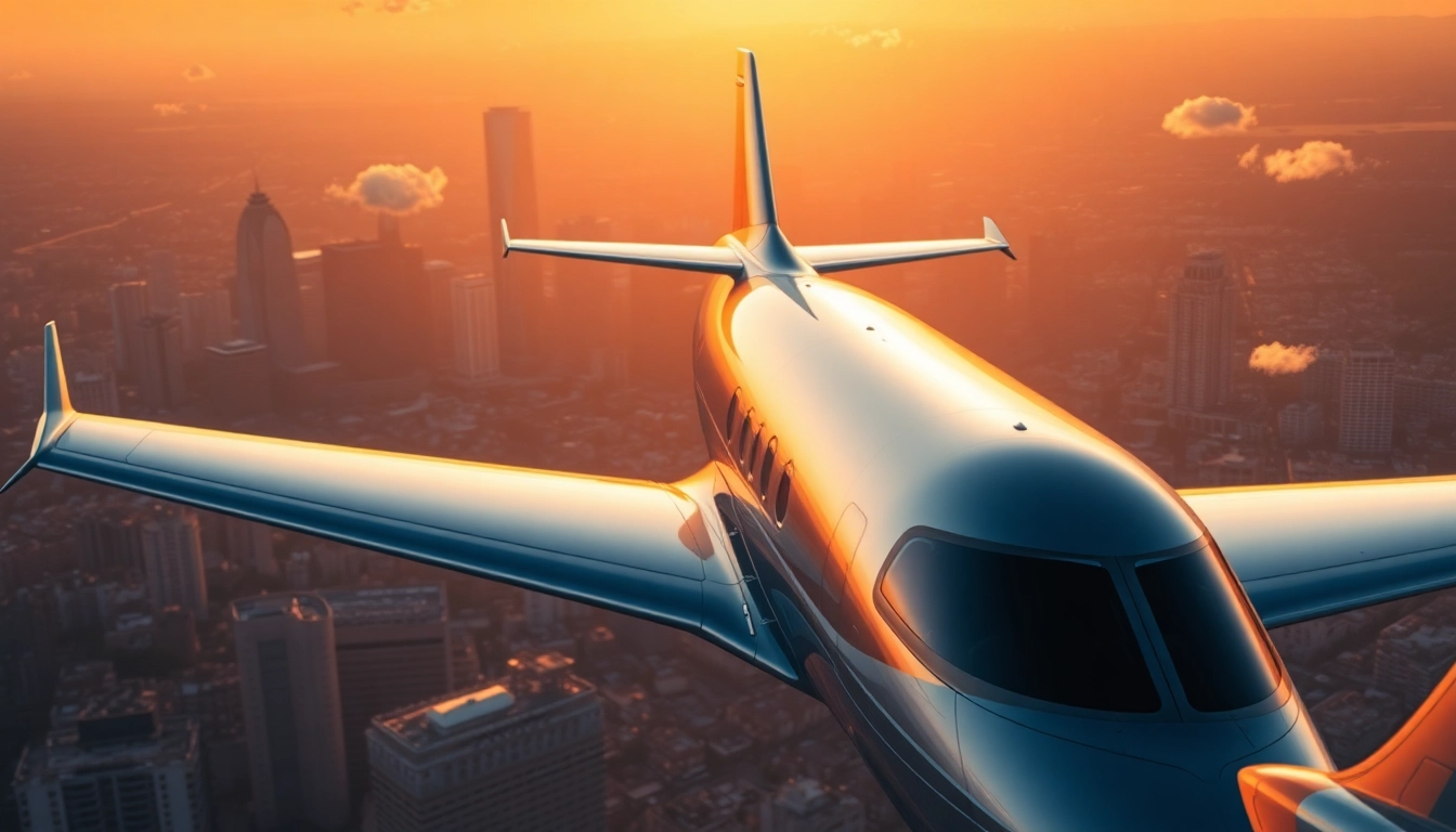Charter a private jet over Los Angeles skyline, highlighting luxury and freedom with stunning sunset colors.
