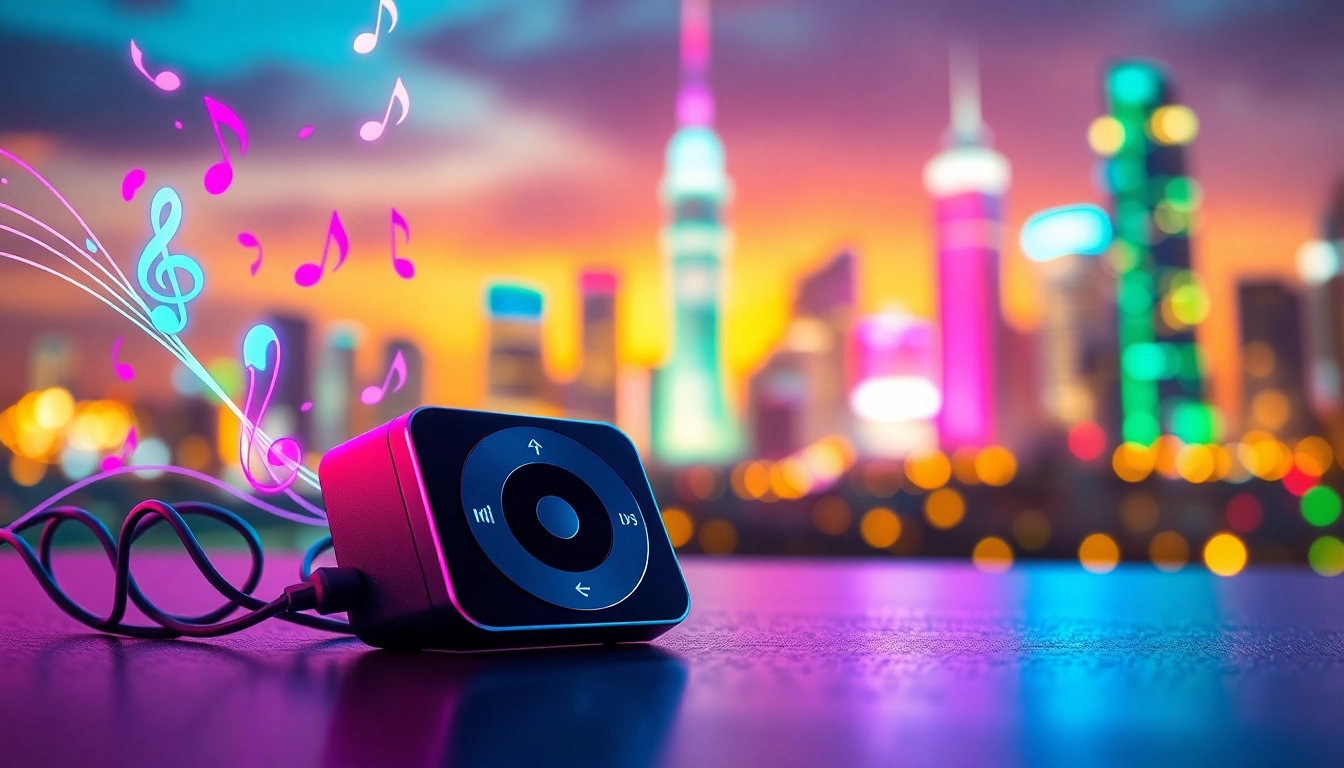 Experience music uniquely with the compact MP3 player showcased on https://hardwareplayer.com amidst vibrant digital waves.
