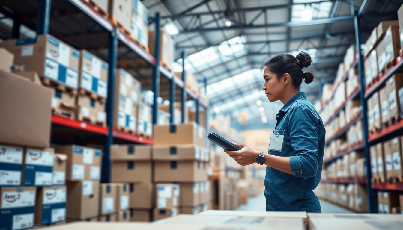 Engaging scene of amazon wholesale activities in a busy eCommerce warehouse