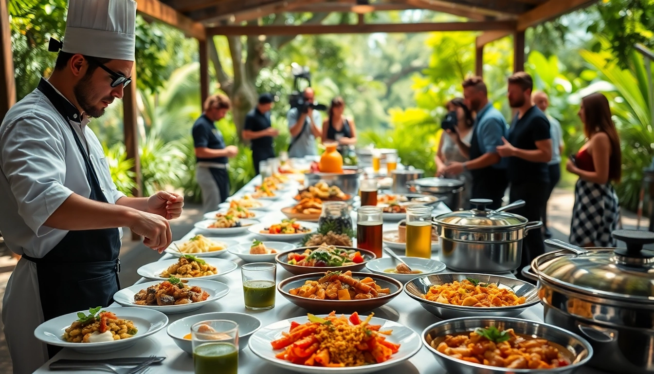 Film set catering Hamilton Ontario showcasing gourmet dishes and a lively crew in action.