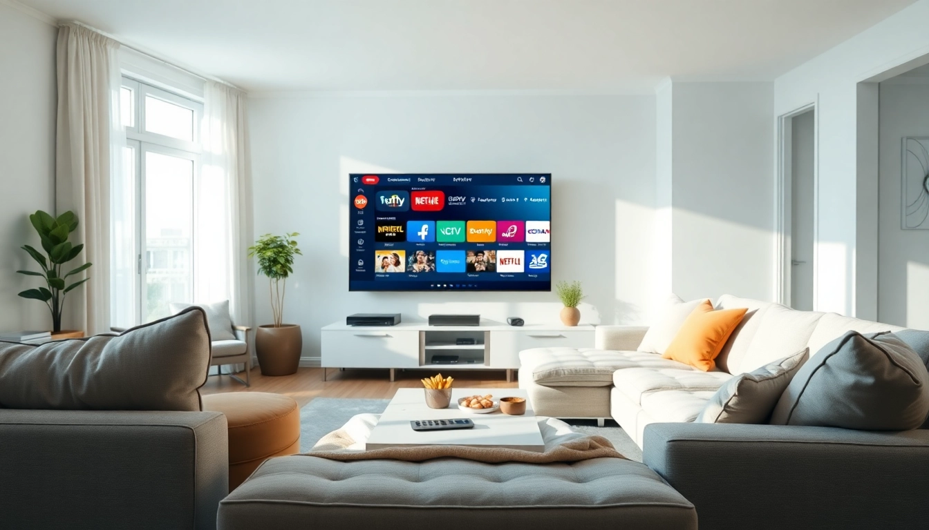 Visualisation d'un abonnement IPTV dans un salon moderne avec un téléviseur et des éléments accueillants.