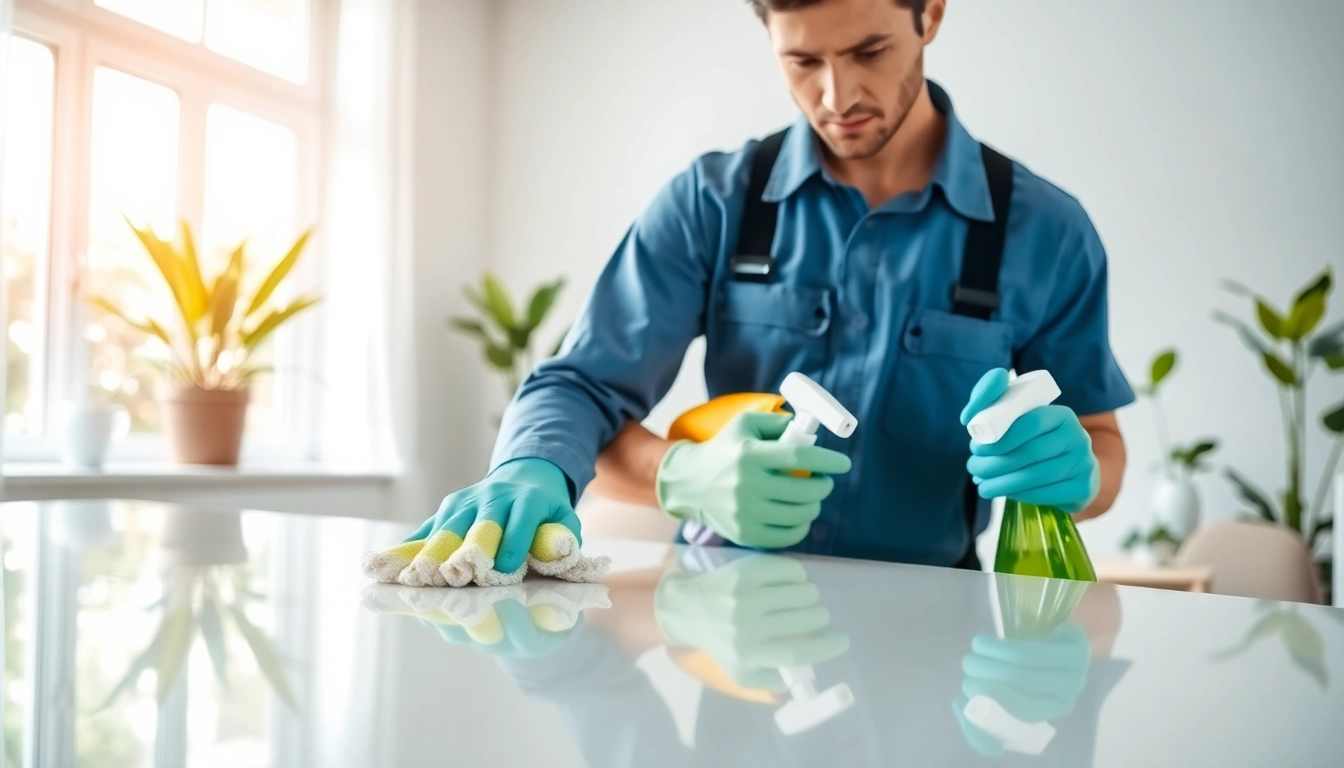 Bond cleaning professional diligently scrubbing a surface in a bright home environment.