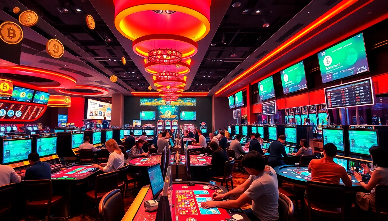 Players enjoying thrilling games at Crypto Casinos with neon lights and digital displays.