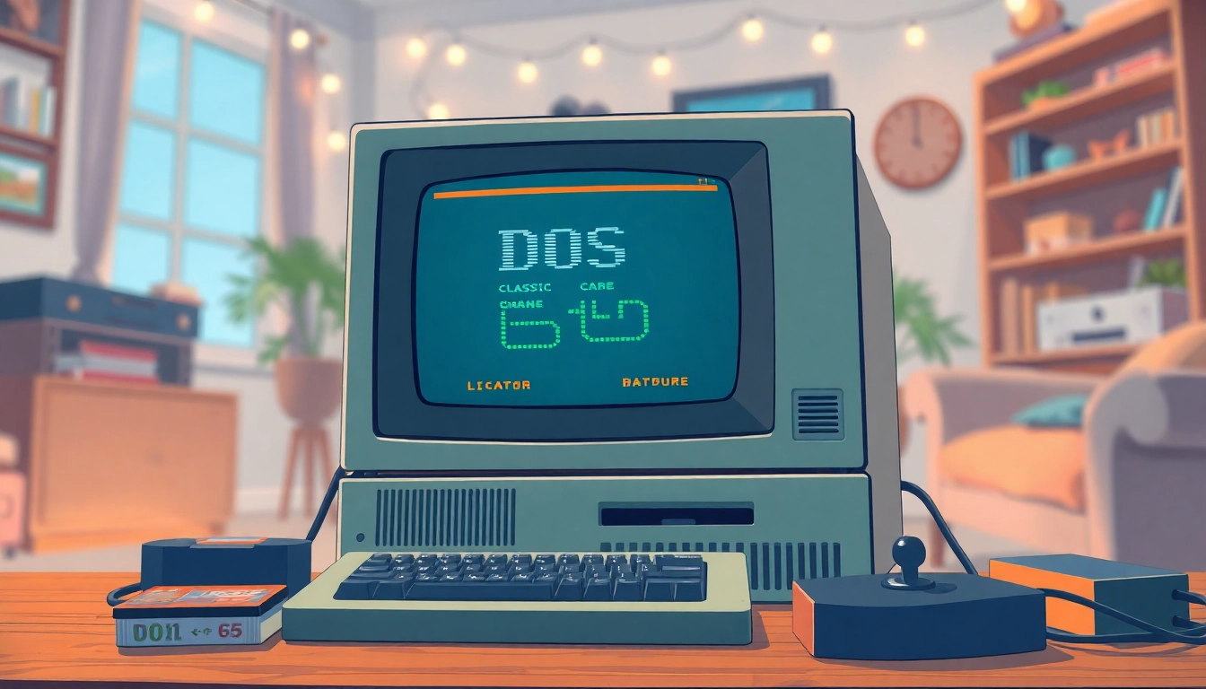 Play DOS games on a vintage computer with retro gaming elements in a cozy setting.