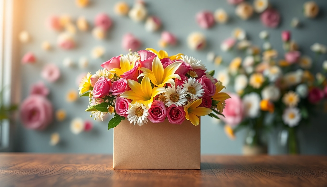 Engaging flower delivery Doreen with a colorful bouquet in an elegant gift box on a rustic table.