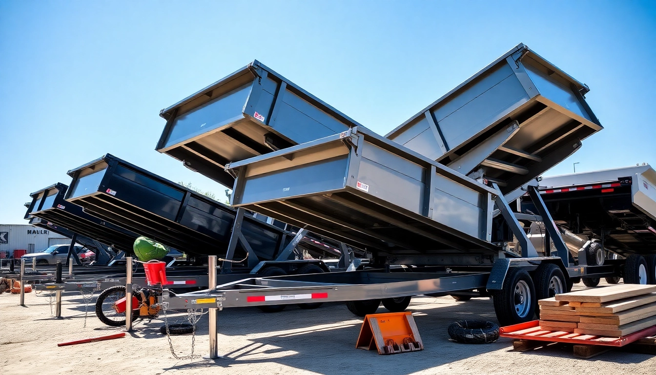 Showcasing dumpster trailers for sale in an outdoor showroom environment, highlighting their robust features.