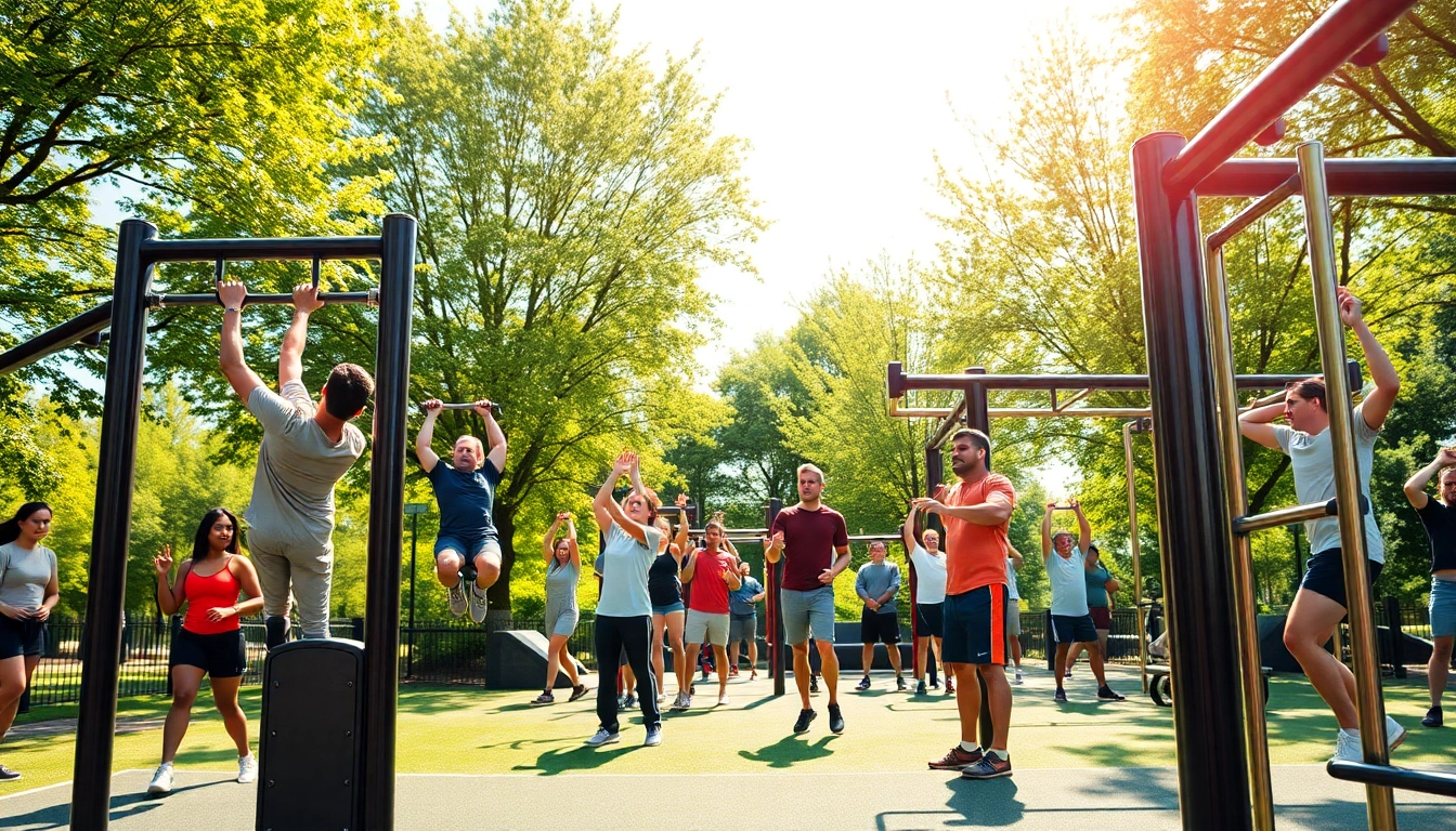 Engaged individuals exercising with outdoor gym equipment in a vibrant park setting.