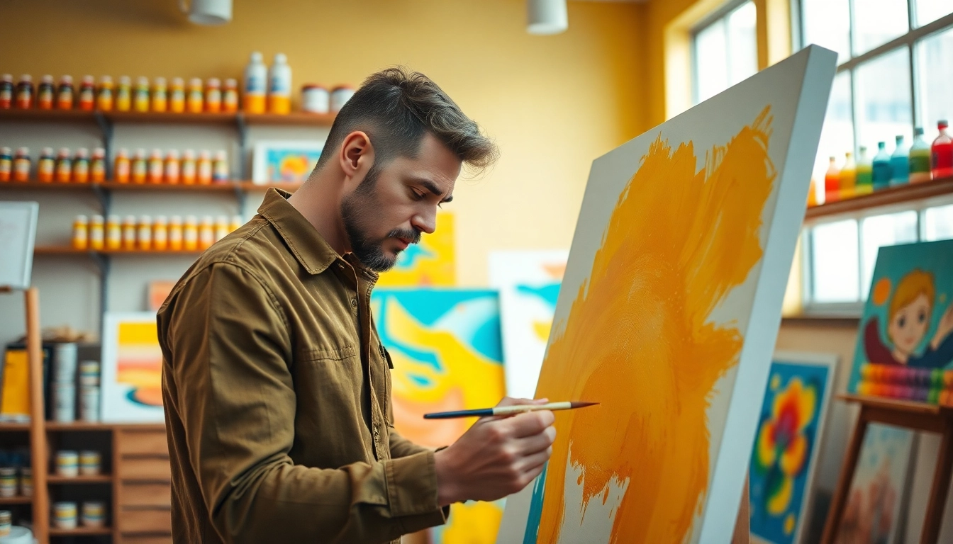 Schilder maakt een levend canvas kunstwerk in een creatieve studio.