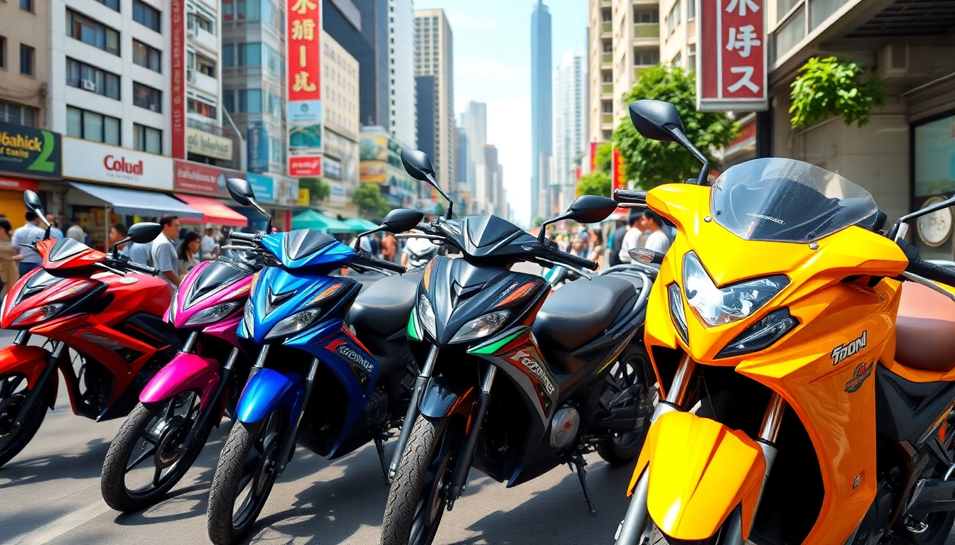 Motorbike rental bangkok showcasing vibrant motorcycles in a busy city street full of life.
