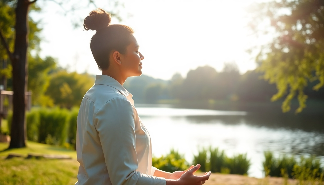 Practicing mindfulness for dealing with stress outdoors against a serene background.