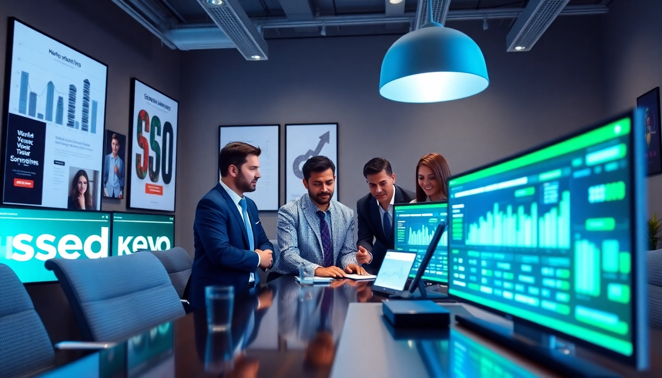 Marketers collaborating and analyzing Secondary Keywords in a modern office environment, showcasing teamwork and strategy.