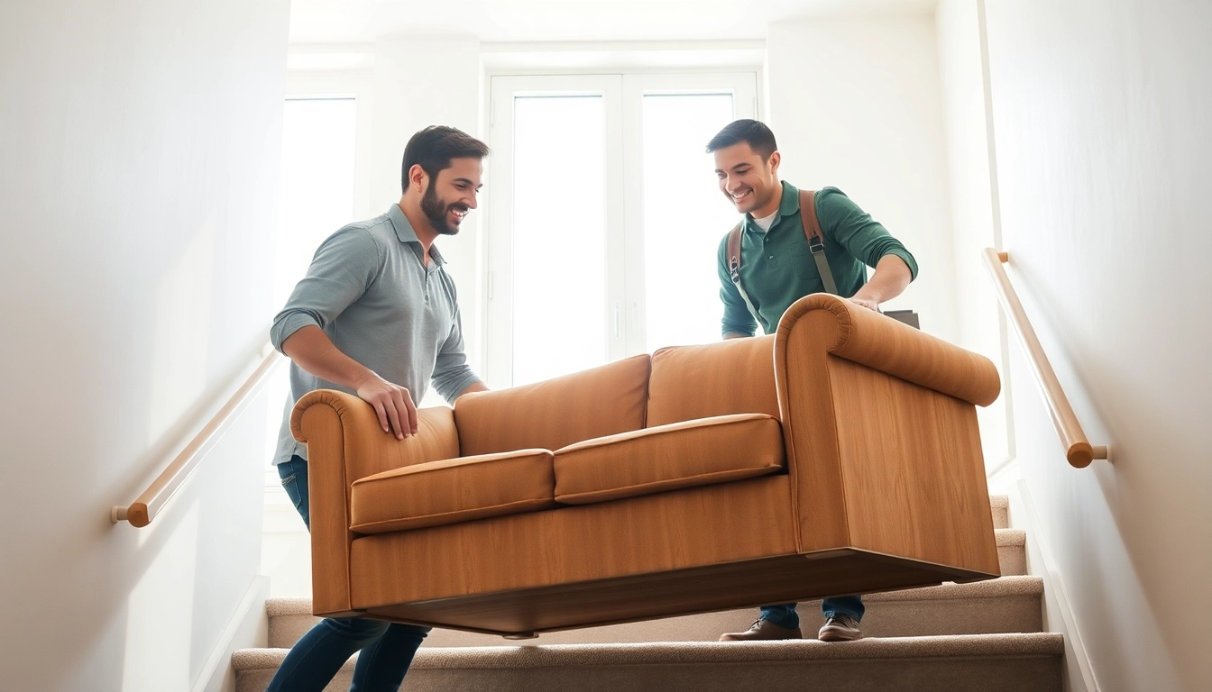 NYC movers expertly moving a vintage sofa down a staircase in a bright apartment setting.