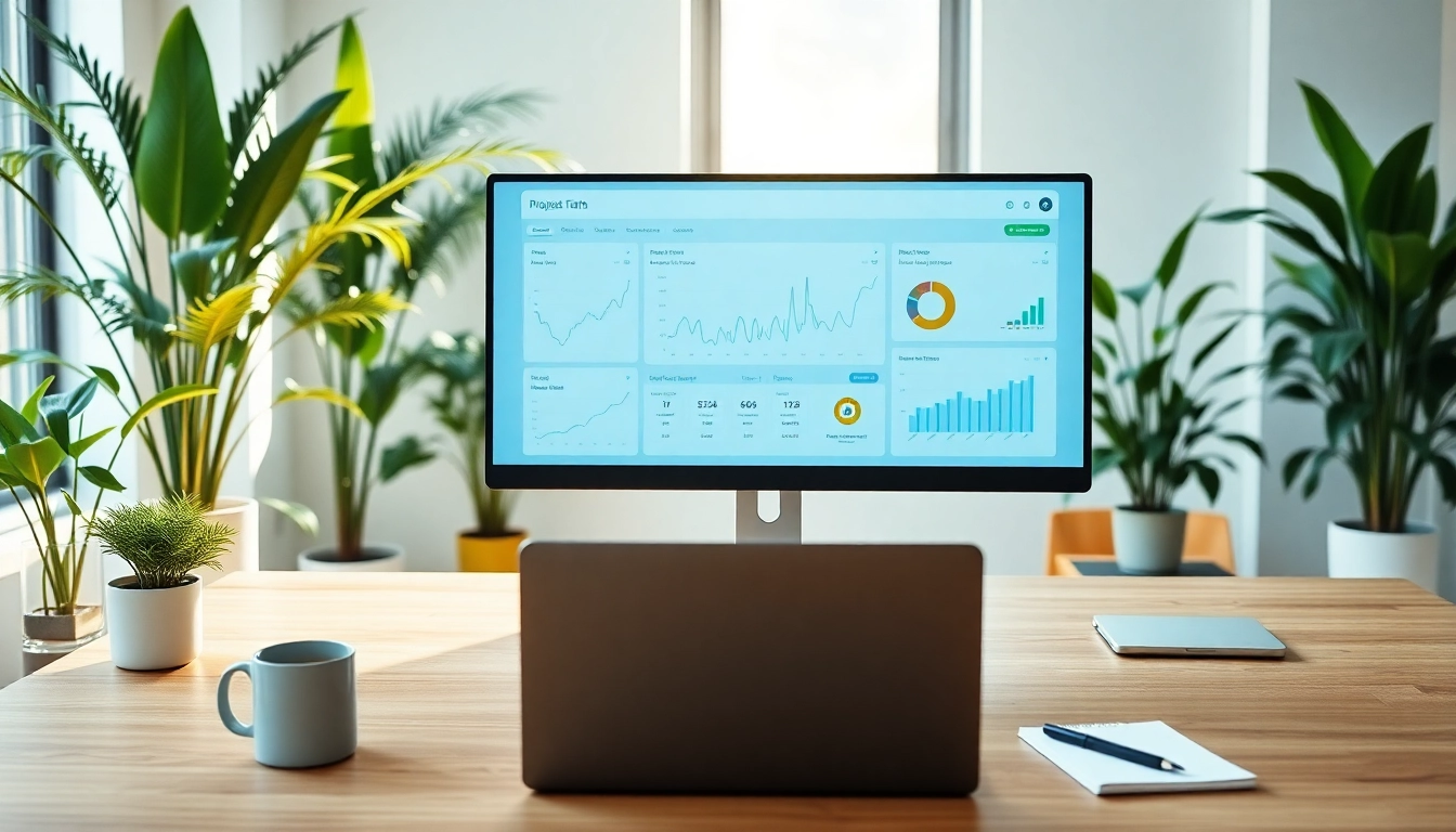 Utilizing all in one business software in a modern workspace with data visualizations and productivity tools.