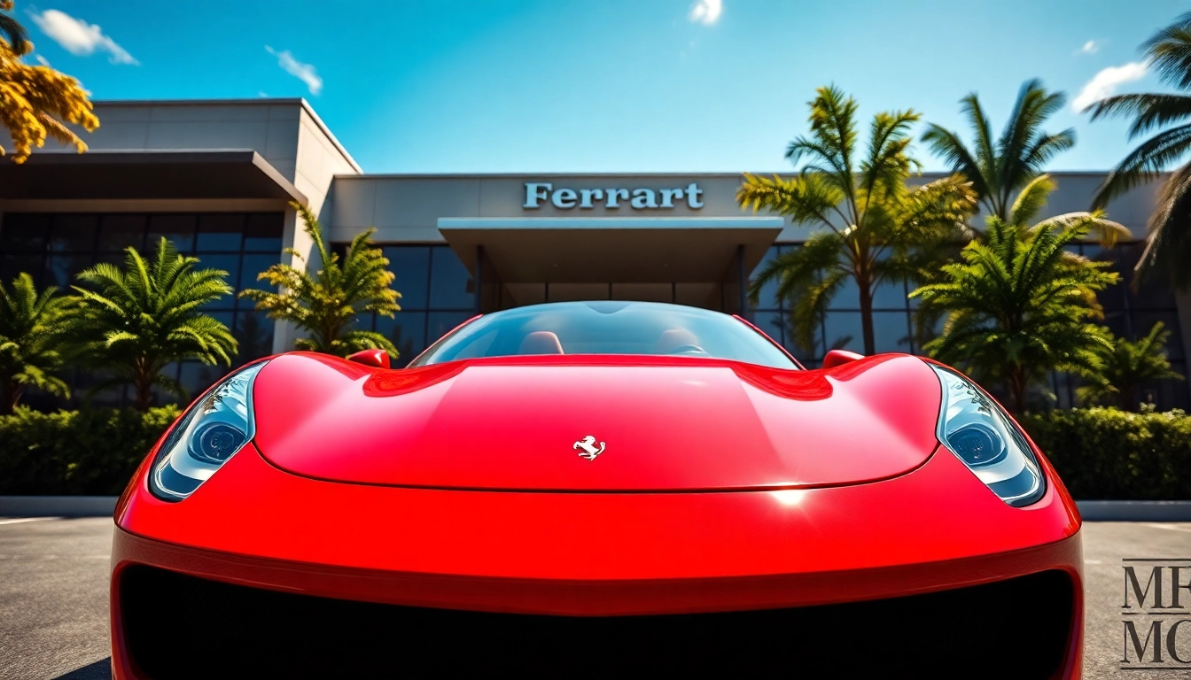 Browse Ferrari cars for sale Durban showcasing a stunning red sports car outside a stylish dealership.