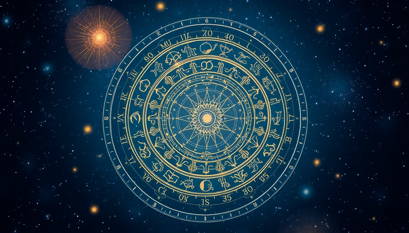 Analysing das Geburtshoroskop mit astrologischen Symbolen und Sternensegmenten.